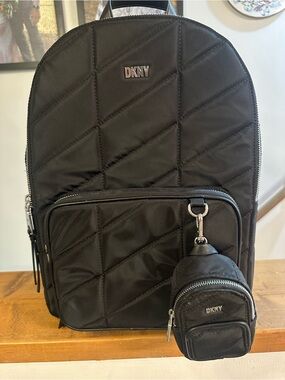 DKNY Black Quilted Nylon Backpack with Mini Pouch Charm